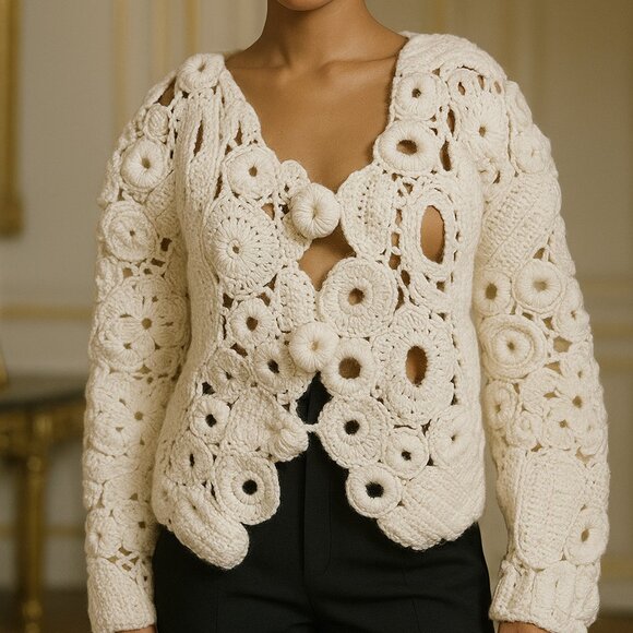 Luxury Crochet Jacket – Handmade Textured Statement Piece in White Size M - Picture 2 of 5
